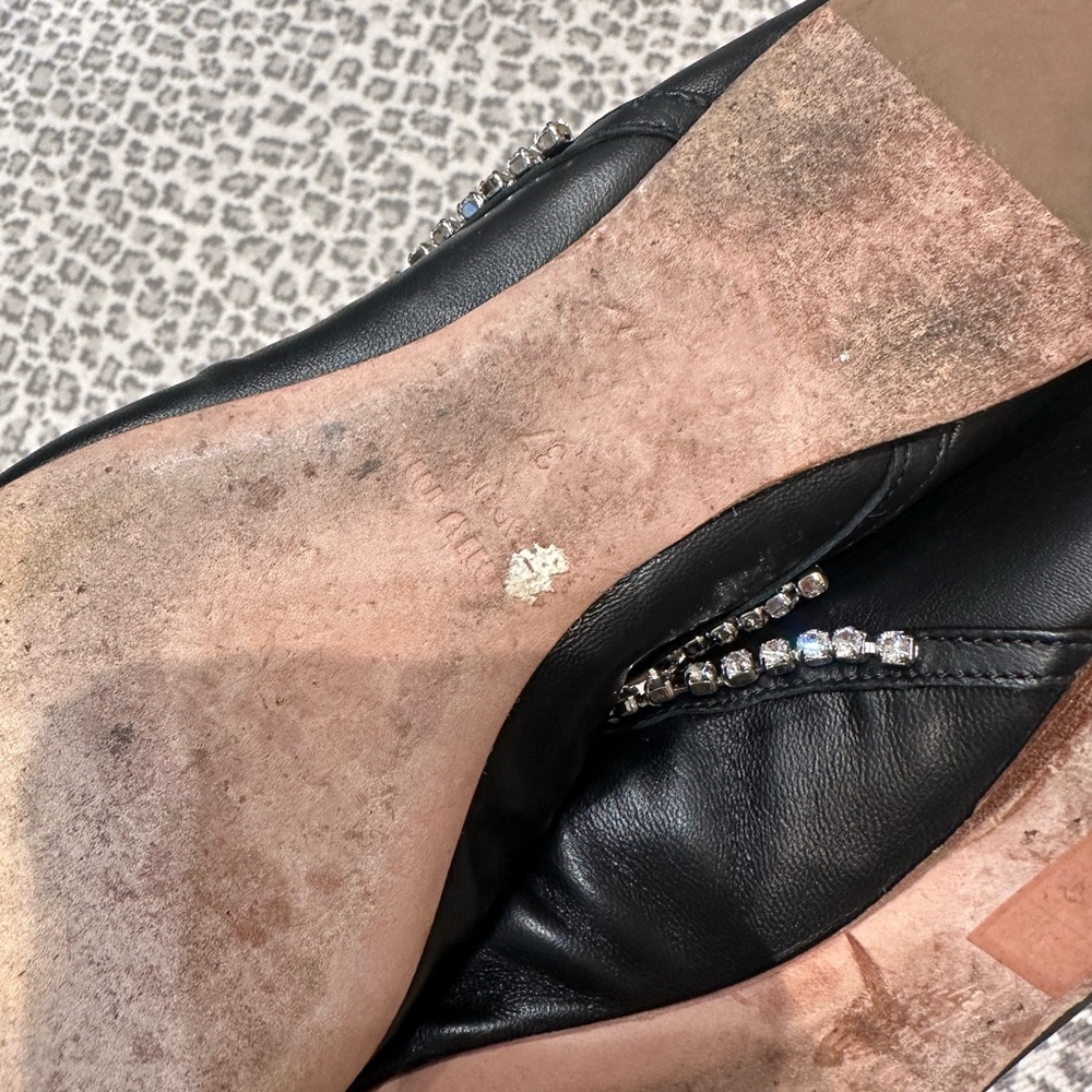 Miu Miu Black leather pointy toe flats with Rhinestone trim - Picture 6 of 6